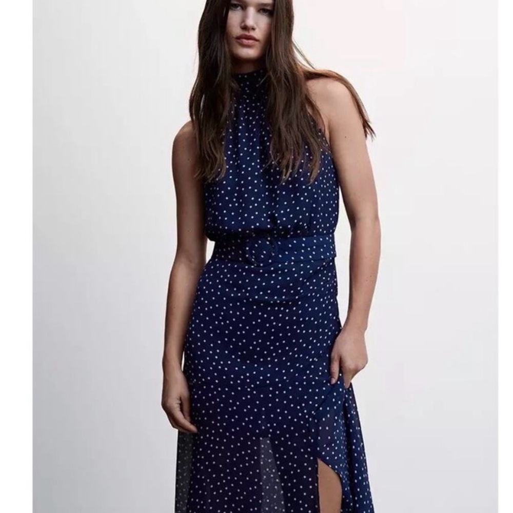 Mango Navy and White One-Shoulder Polka Dot Maxi Dress
